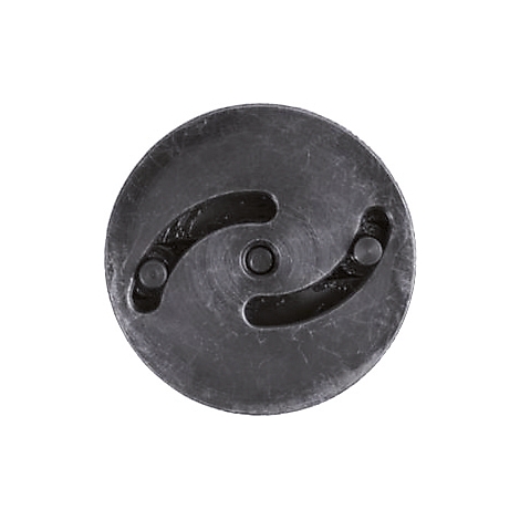 Dunkelgraue, runde Metallplatte mit zwei gebogenen Aussparungen und einer zentralen Öffnung.